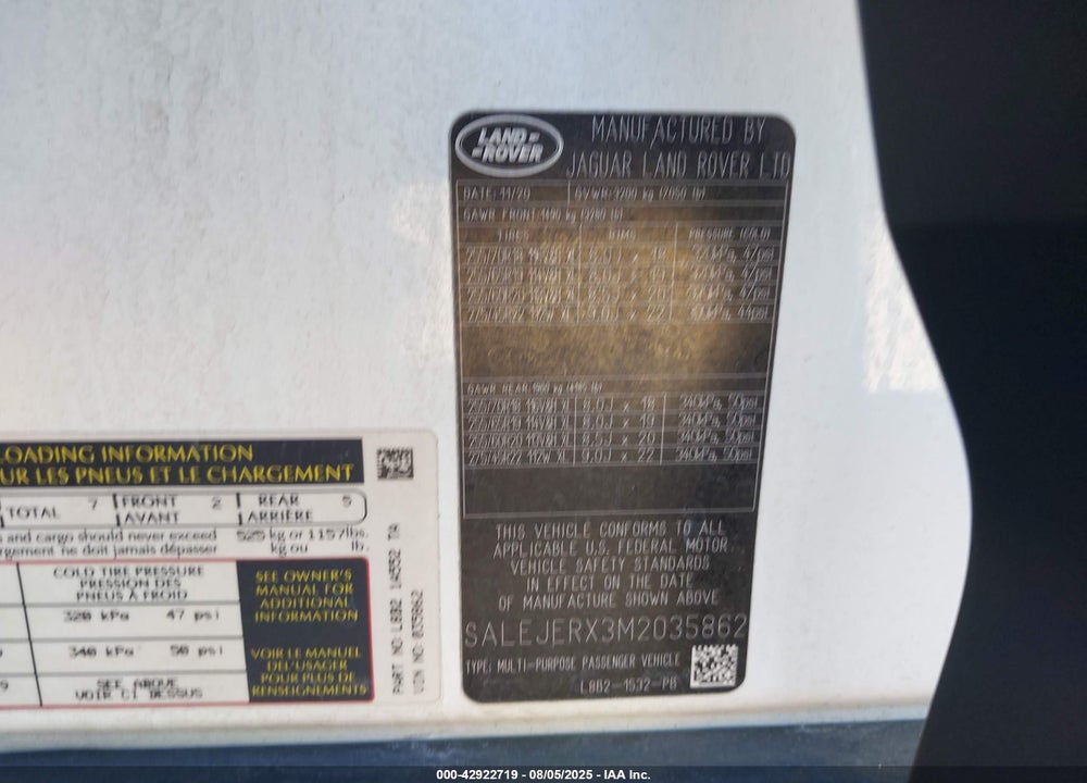 2021 LAND ROVER DEFENDER VIN: SALEJERX3M2035862