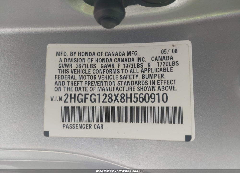 2008 HONDA CIVIC EX VIN: 2HGFG128X8H560910