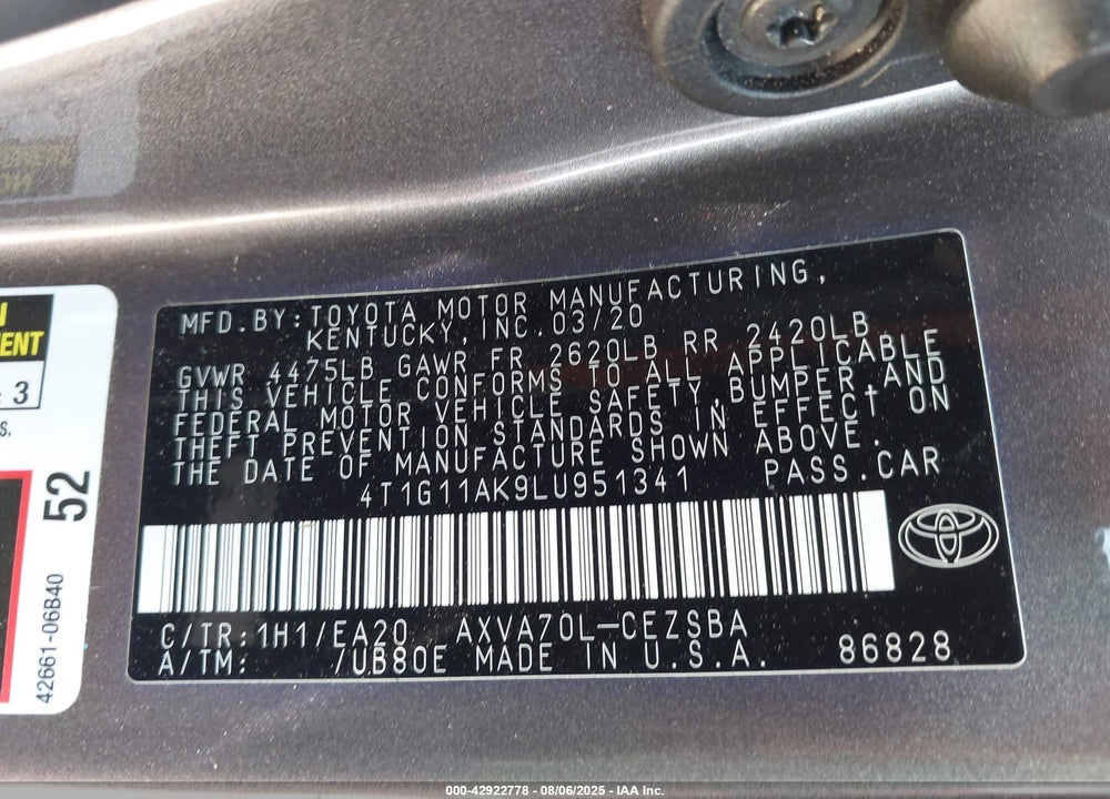 2020 TOYOTA CAMRY VIN: 4T1G11AK9LU951341