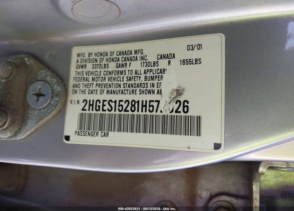 2001 HONDA CIVIC DX VIN: 2HGES15281H572626