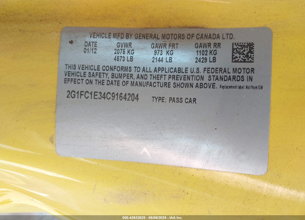 2012 CHEVROLET CAMARO VIN: 2G1FC1E34C9164204