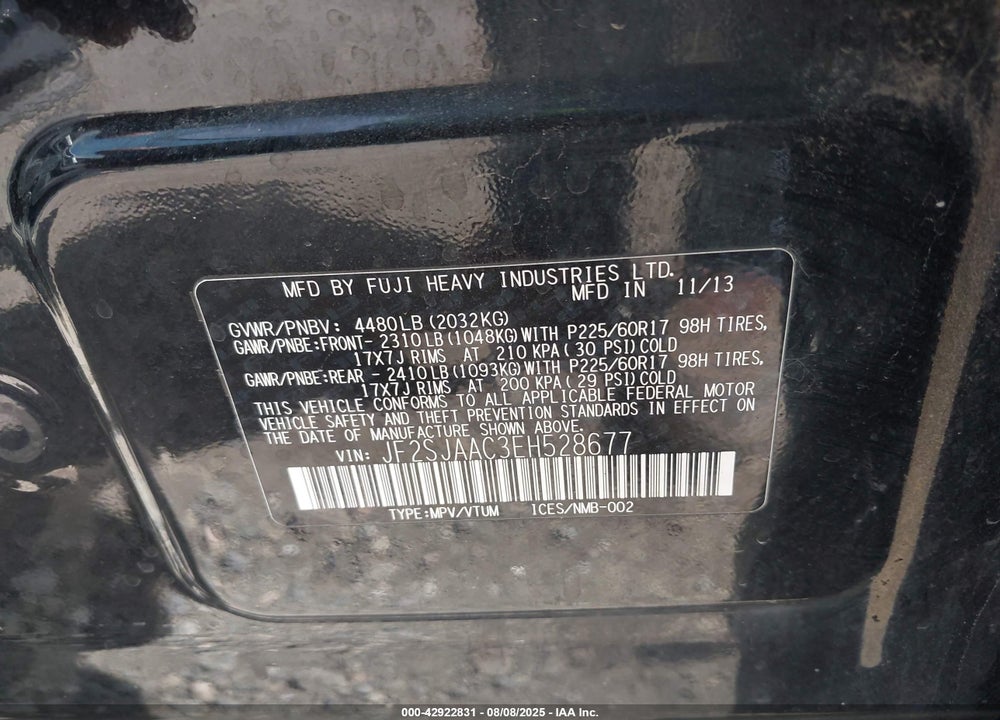 2014 SUBARU FORESTER VIN: JF2SJAAC3EH528677