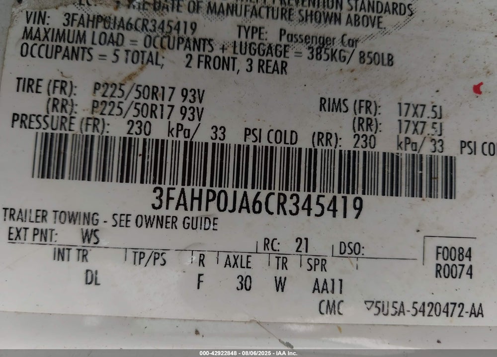 2012 FORD FUSION VIN: 3FAHP0JA6CR345419