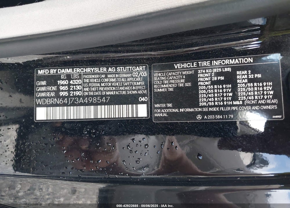 2003 MERCEDES-BENZ C 320 SPORT VIN: WDBRN64J73A498547