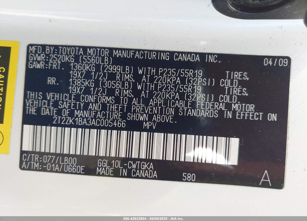 2010 LEXUS RX 350 VIN: 2T2ZK1BA3AC005466