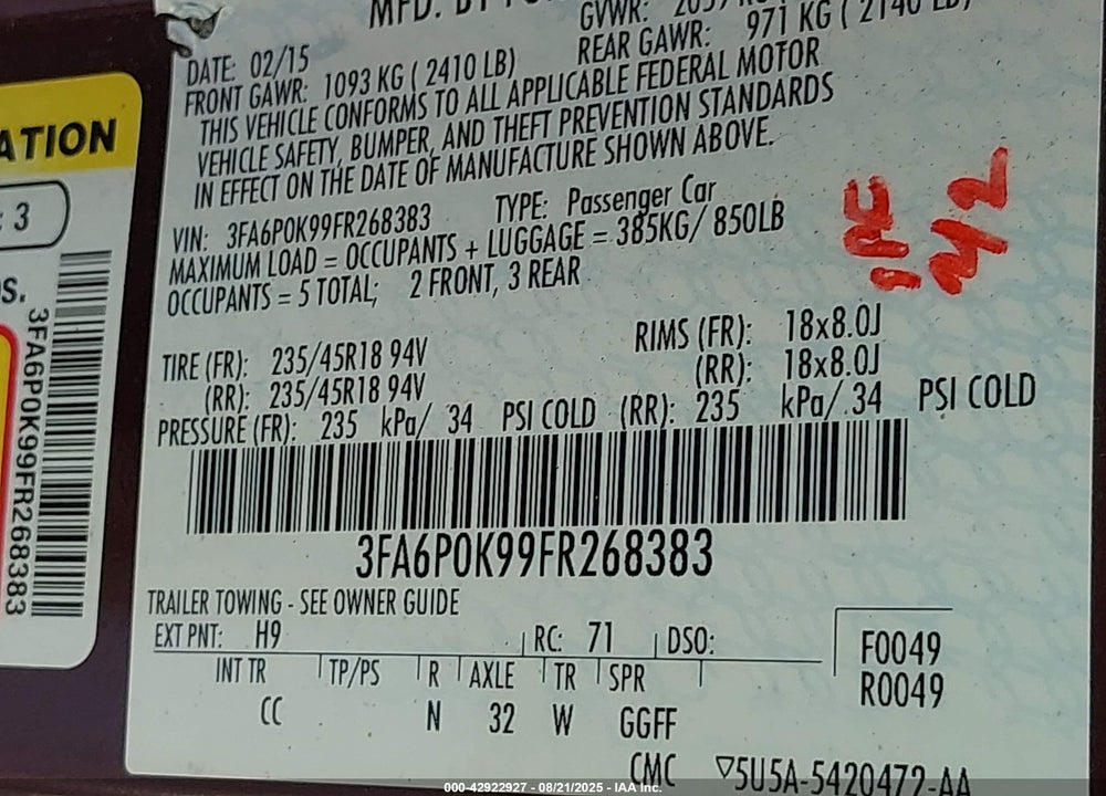 2015 FORD FUSION VIN: 3FA6P0K99FR268383