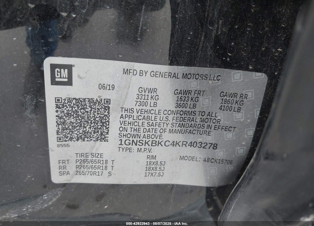 2019 CHEVROLET TAHOE VIN: 1GNSKBKC4KR403278