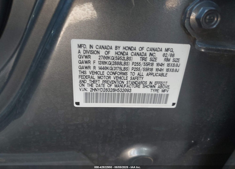 2008 ACURA MDX TECHNOLOGY PACKAGE VIN: 2HNYD28328H532093
