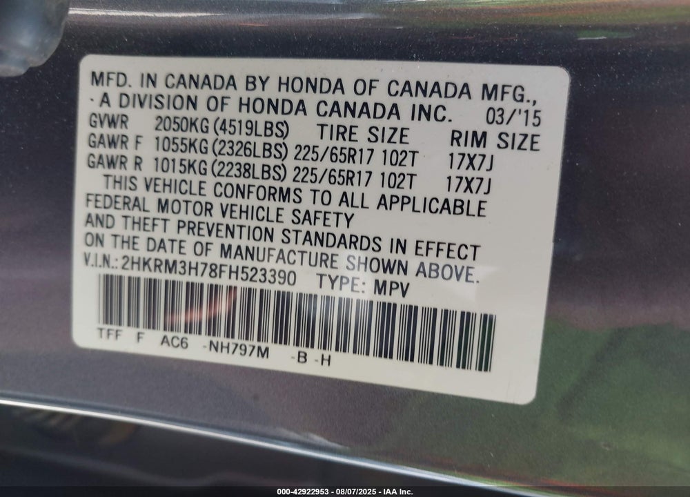 2015 HONDA CR-V EX-L VIN: 2HKRM3H78FH523390