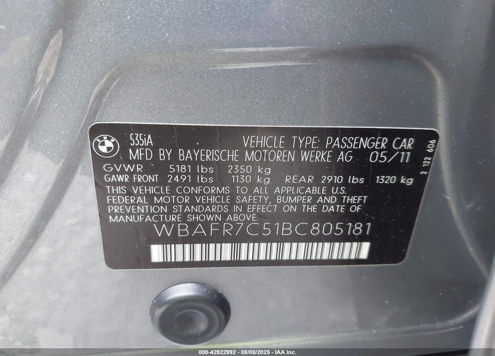 2011 BMW 535I VIN: WBAFR7C51BC805181