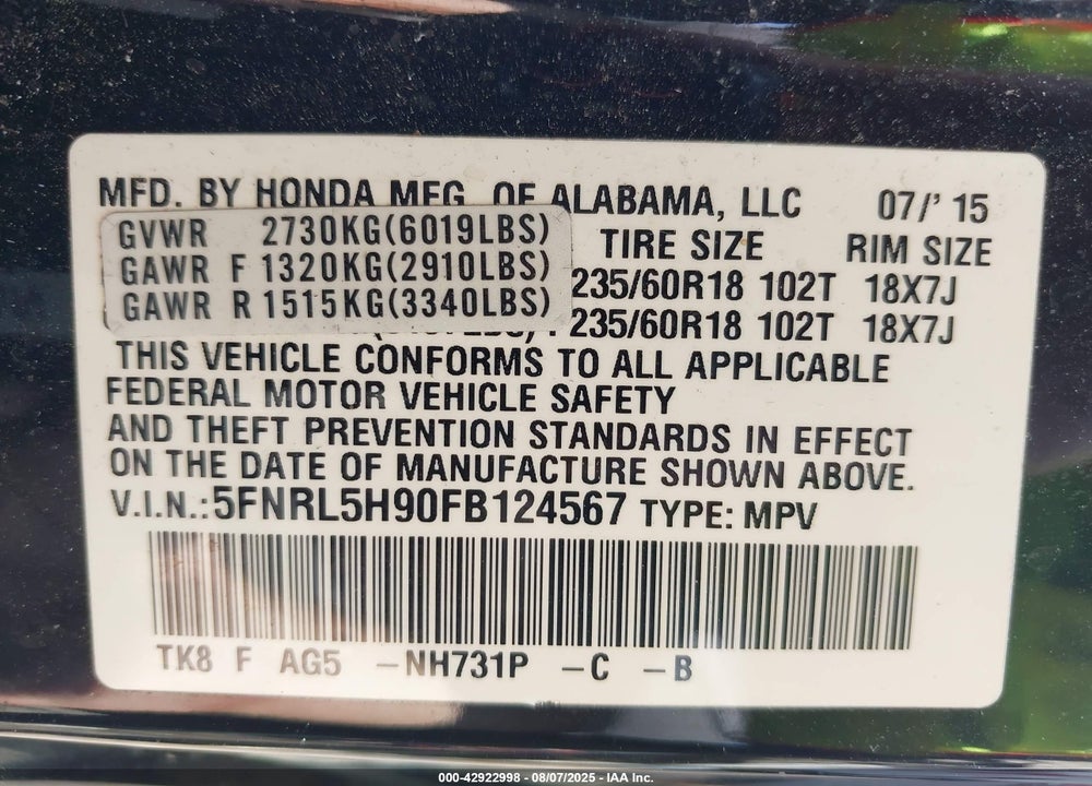2015 HONDA ODYSSEY TOURING/TOURING ELITE VIN: 5FNRL5H90FB124567