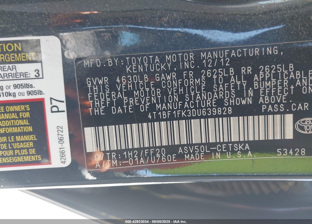 2013 TOYOTA CAMRY SE VIN: 4T1BF1FK3DU639828
