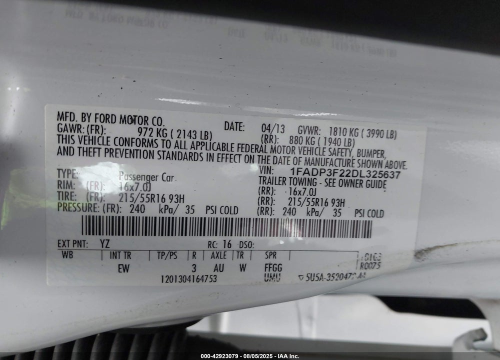 2013 FORD FOCUS VIN: 1FADP3F22DL325637