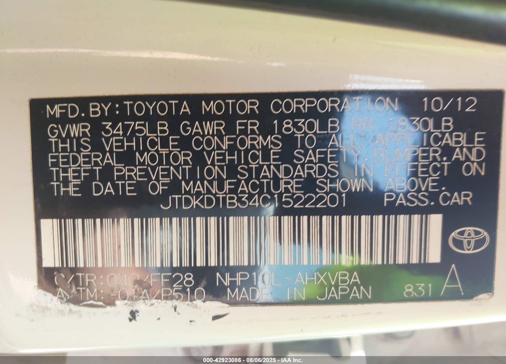 2012 TOYOTA PRIUS C VIN: JTDKDTB34C1522201