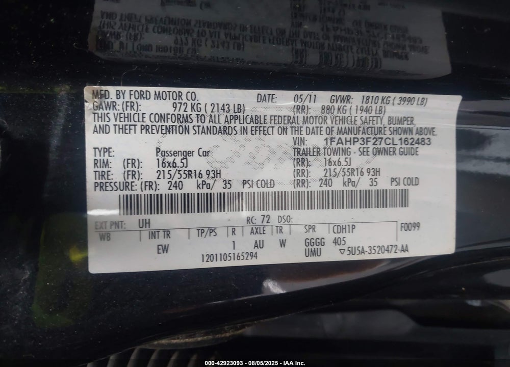 2012 FORD FOCUS VIN: 1FAHP3F27CL162483