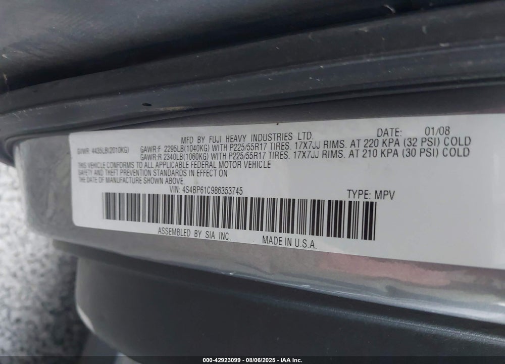 2008 SUBARU OUTBACK 2.5I VIN: 4S4BP61C986353745