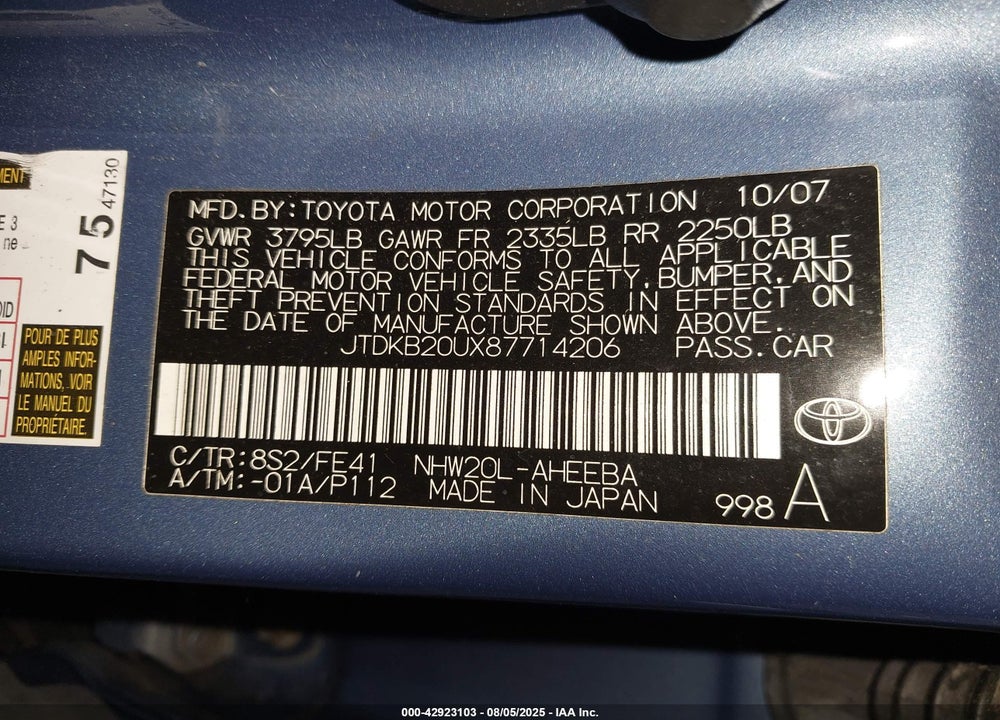 2008 TOYOTA PRIUS VIN: JTDKB20UX87714206