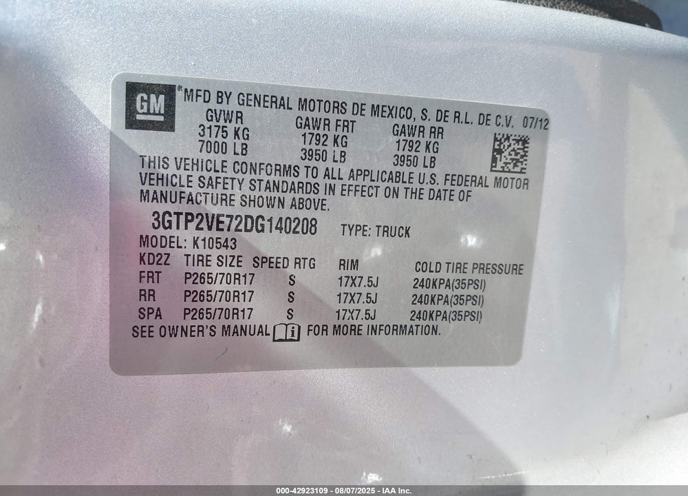 2013 GMC SIERRA 1500 VIN: 3GTP2VE72DG140208