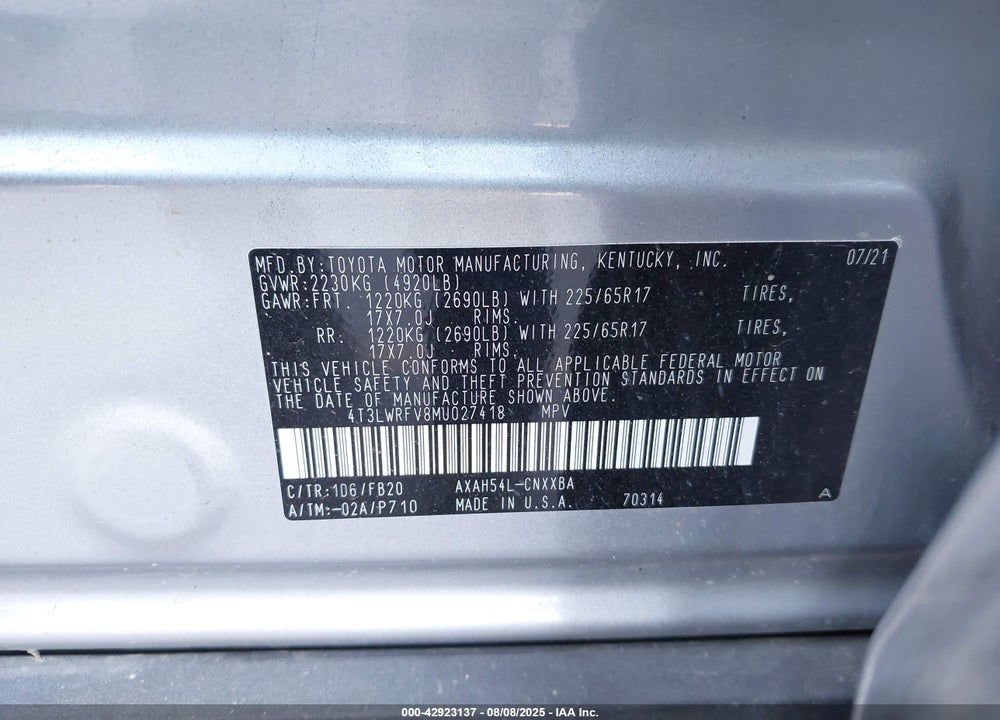 2021 TOYOTA RAV4 HYBRID VIN: 4T3LWRFV8MU027418