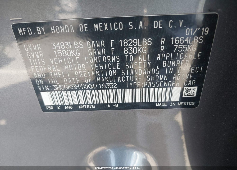 2019 HONDA FIT VIN: 3HGGK5H4XKM719352