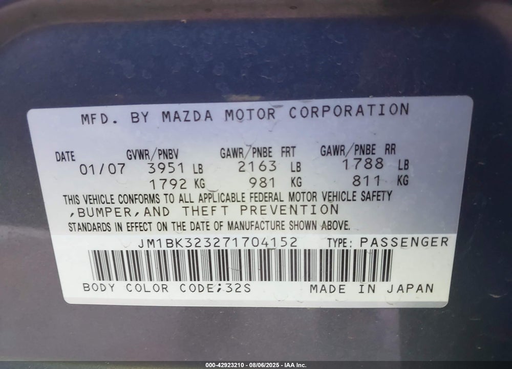 2007 MAZDA 3 S GRAND TOURING VIN: JM1BK323271704152