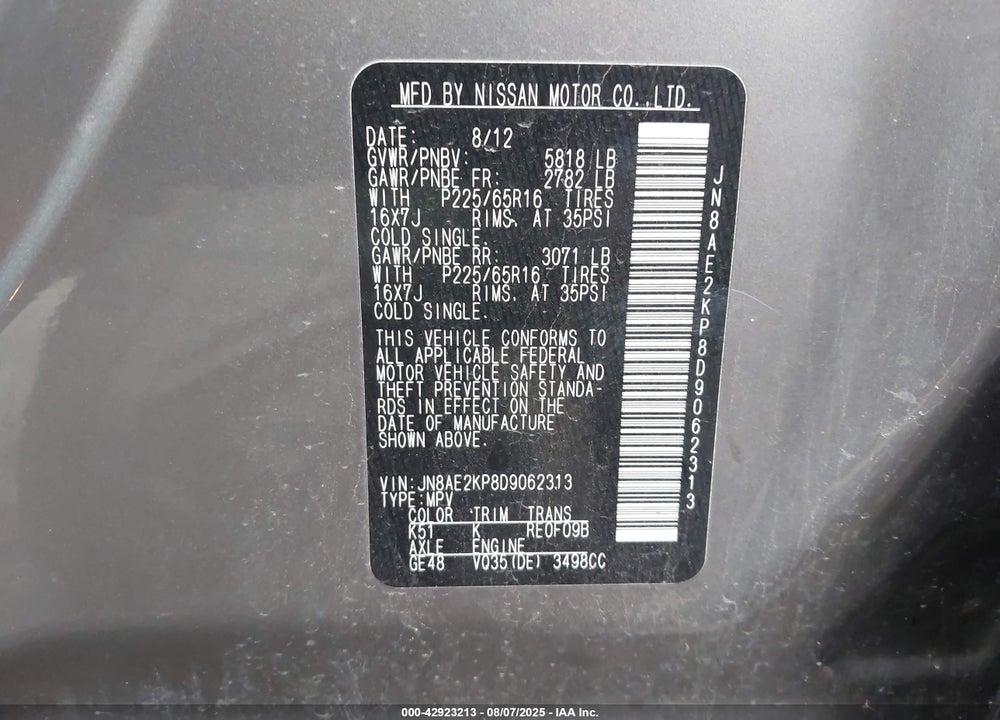2013 NISSAN QUEST SV VIN: JN8AE2KP8D9062313
