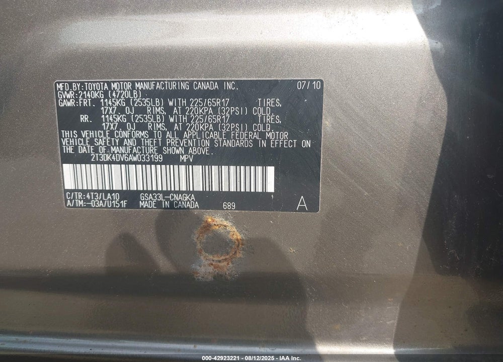 2010 TOYOTA RAV4 VIN: 2T3DK4DV6AW033199