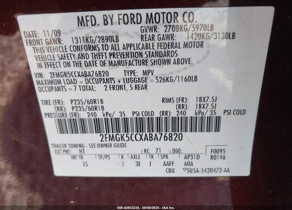 2010 FORD FLEX VIN: 2FMGK5CCXABA76820