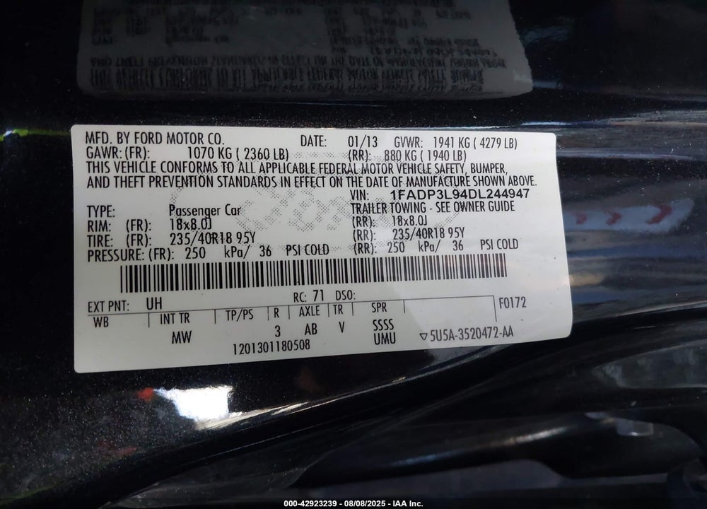 2013 FORD FOCUS VIN: 1FADP3L94DL244947