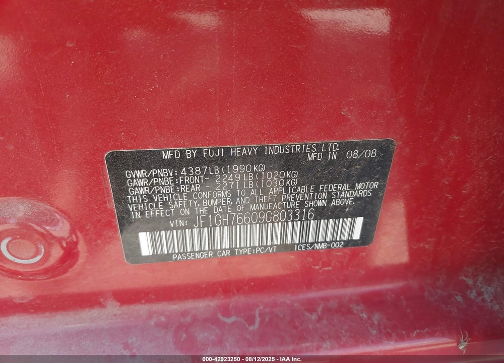 2009 SUBARU IMPREZA VIN: JF1GH76609G803316