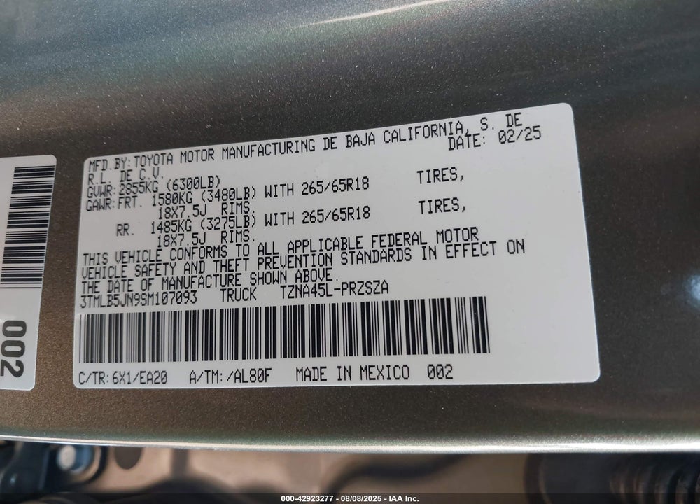 2025 TOYOTA TACOMA VIN: 3TMLB5JN9SM107093