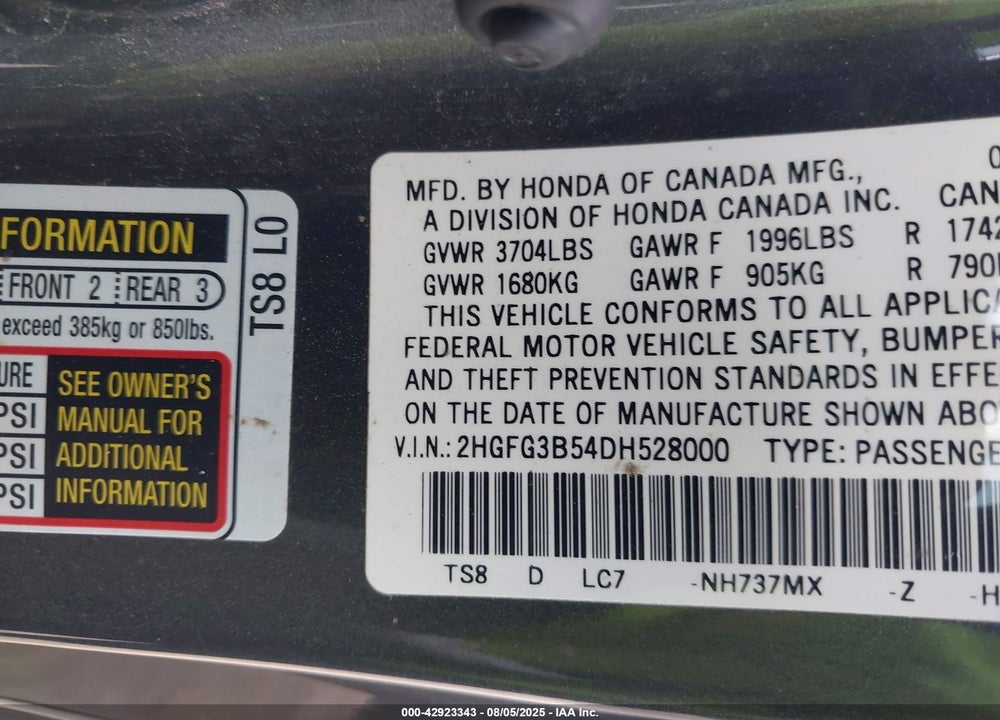 2013 HONDA CIVIC LX VIN: 2HGFG3B54DH528000