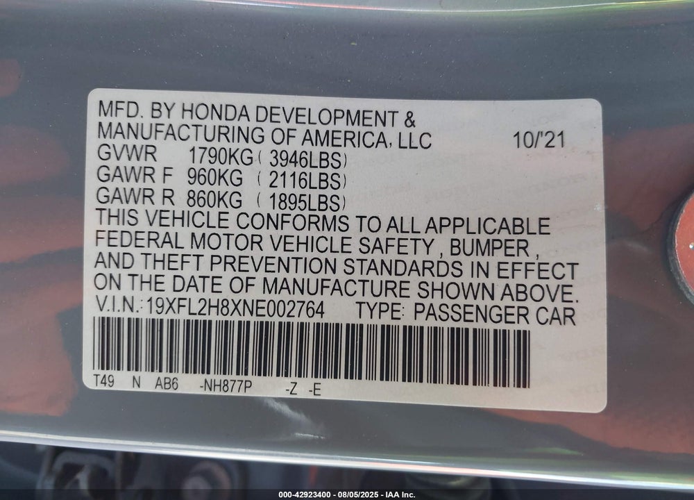 2022 HONDA CIVIC SPORT VIN: 19XFL2H8XNE002764