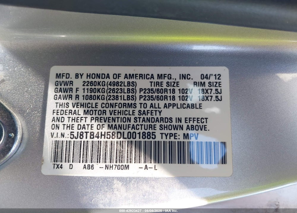 2013 ACURA RDX VIN: 5J8TB4H58DL001885