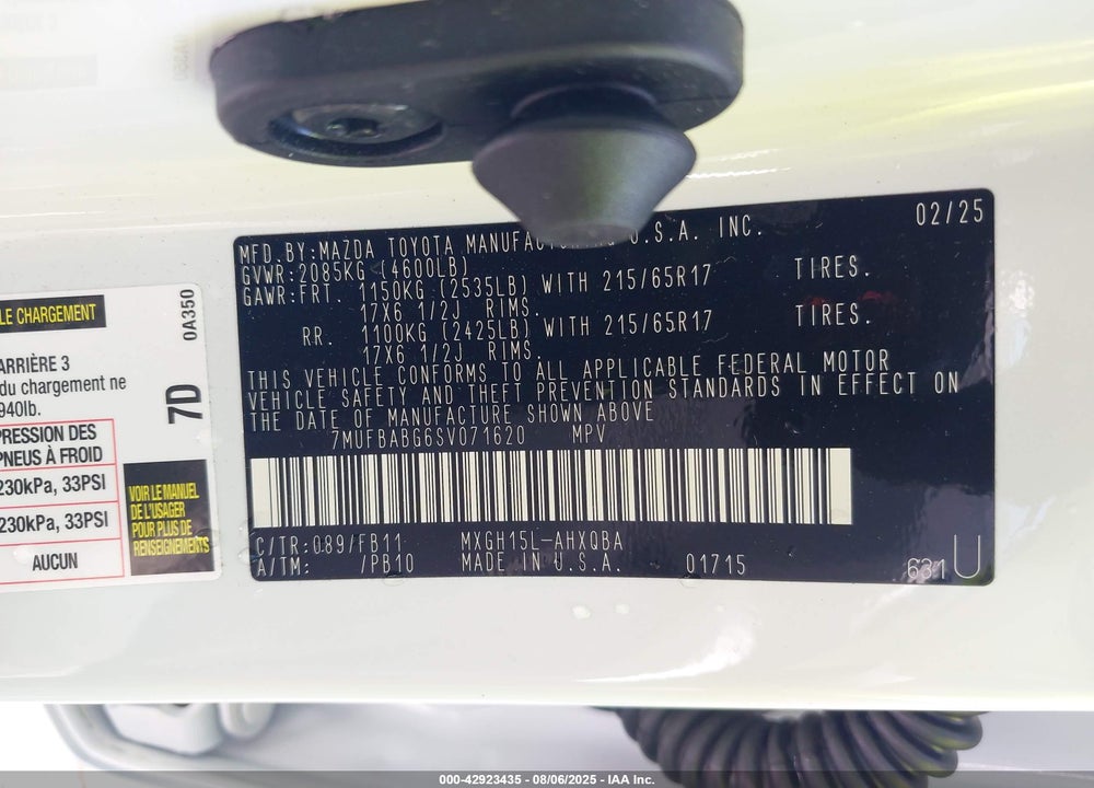 2025 TOYOTA COROLLA CROSS VIN: 7MUFBABG6SV071620