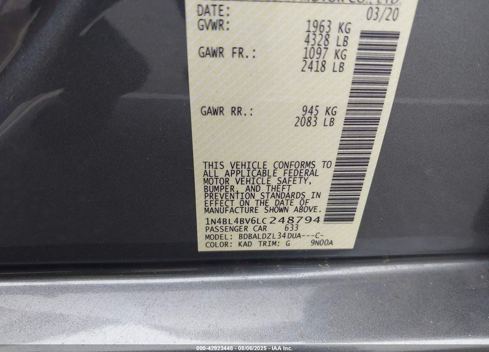 2020 NISSAN ALTIMA S FWD VIN: 1N4BL4BV6LC248794