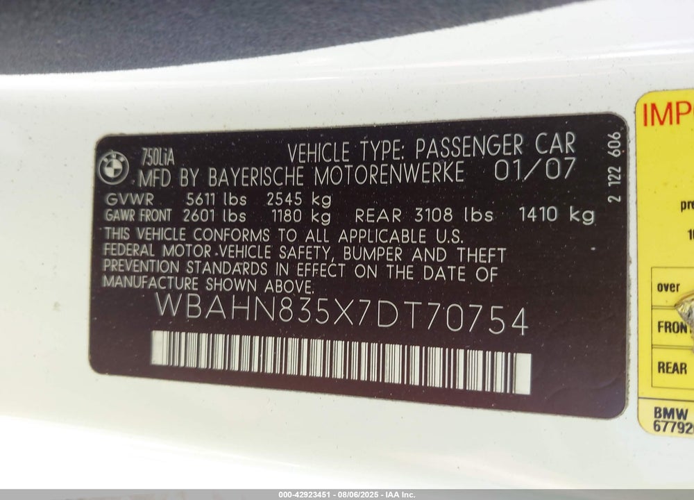 2007 BMW 750LI VIN: WBAHN835X7DT70754