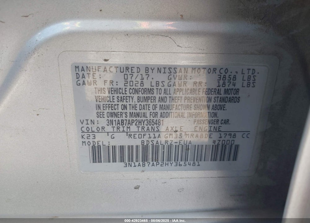 2017 NISSAN SENTRA VIN: 3N1AB7AP2HY365481