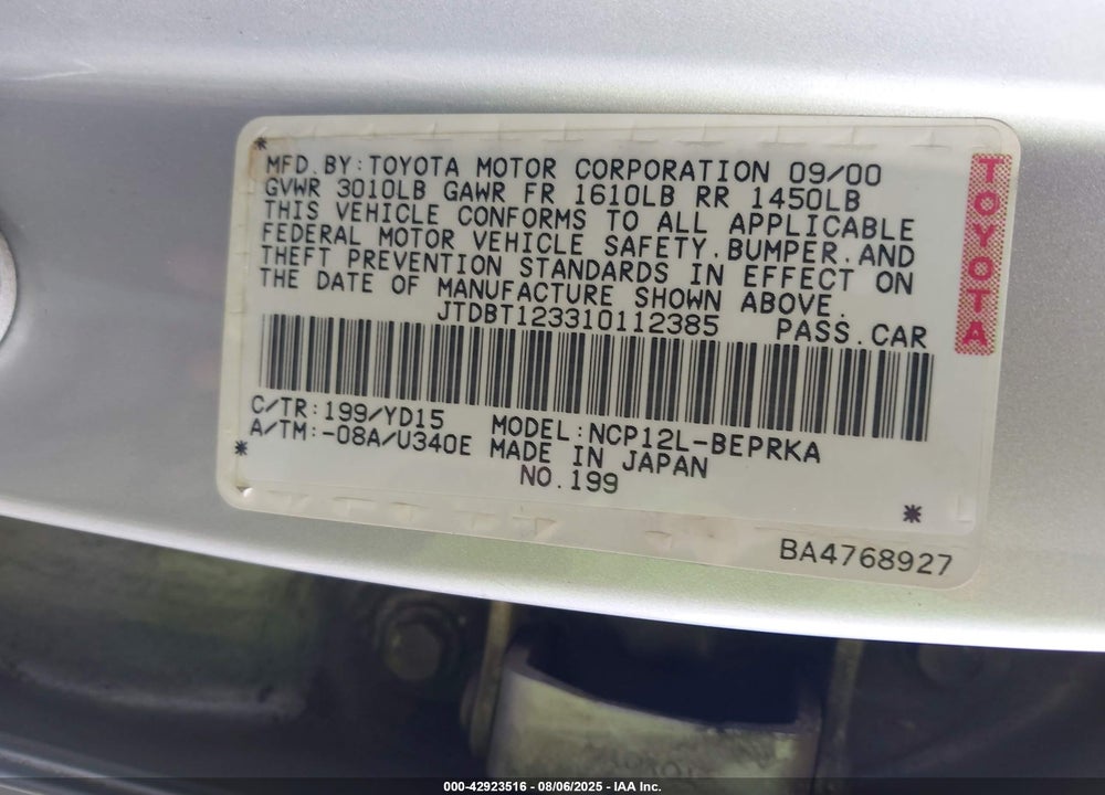 2001 TOYOTA ECHO VIN: JTDBT123310112385
