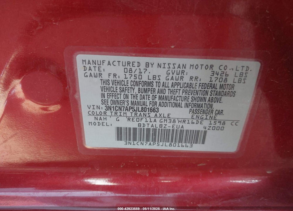 2018 NISSAN VERSA 1.6 SV VIN: 3N1CN7AP5JL801663