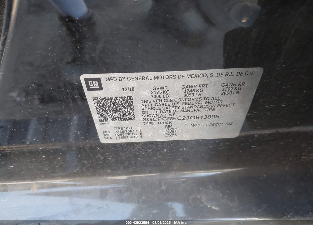 2018 CHEVROLET SILVERADO 1500 VIN: 3GCPCREC2JG643895