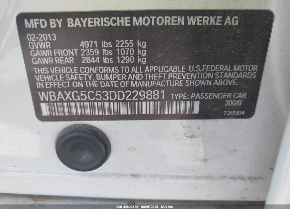2013 BMW 5 SERIES VIN: WBAXG5C53DD229881