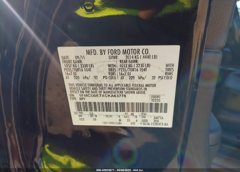 2012 FORD ESCAPE VIN: 1FMCU0E7XCKA63778