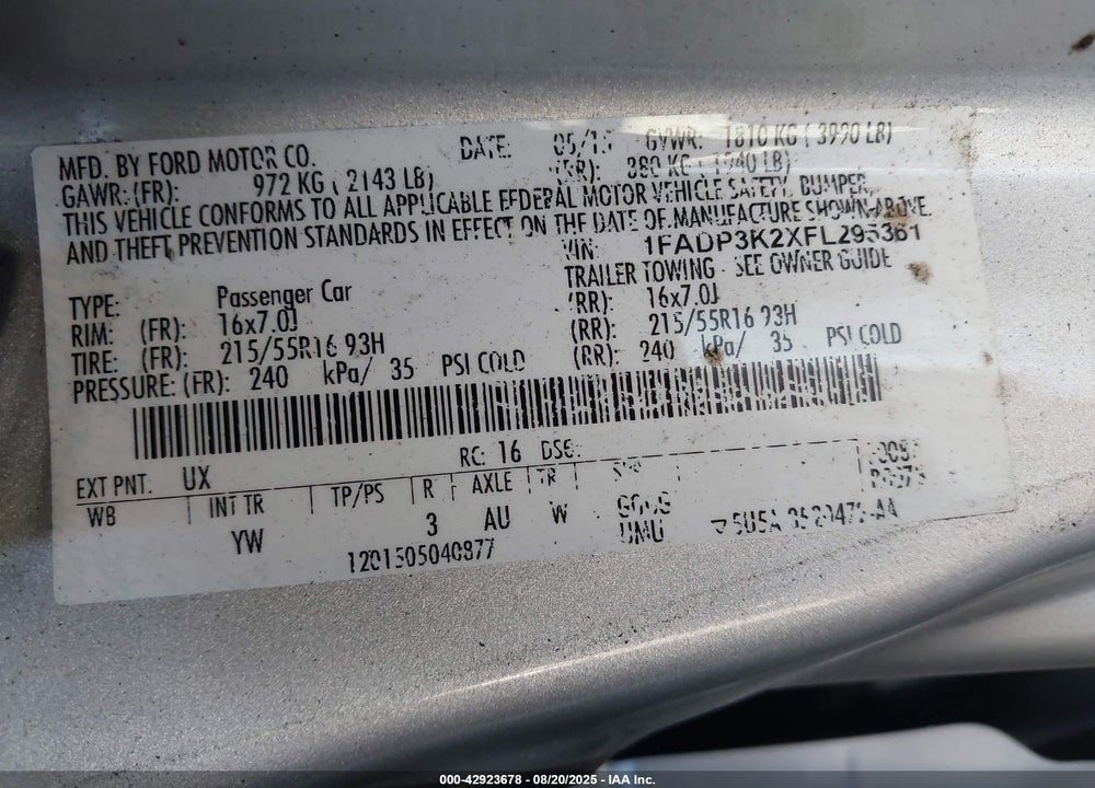 2015 FORD FOCUS VIN: 1FADP3K2XFL295361