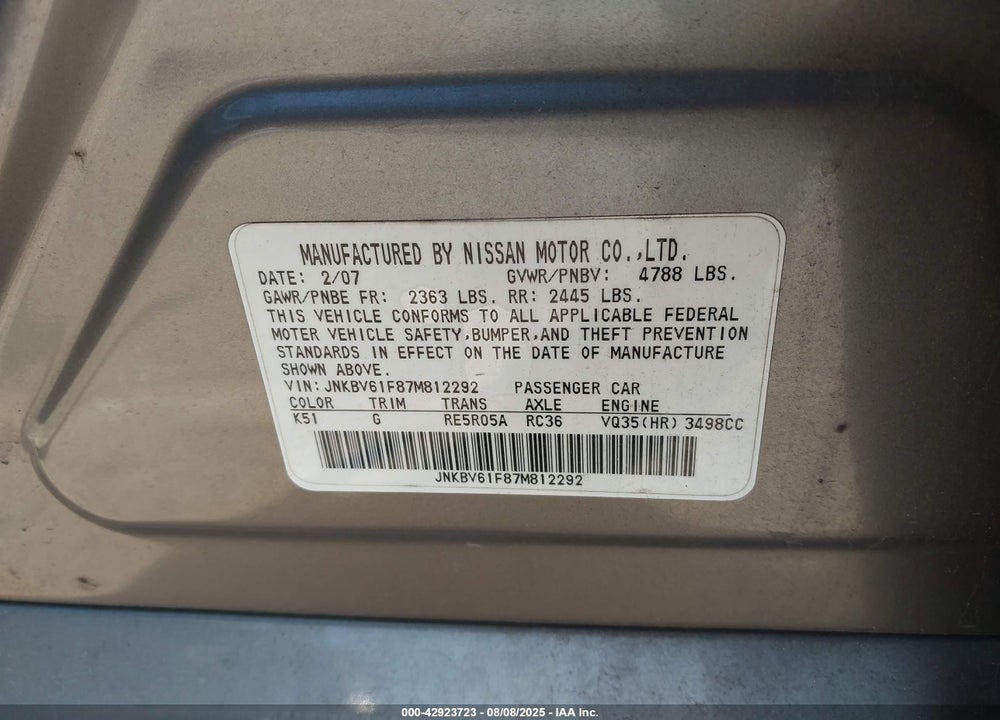 2007 INFINITI G35X VIN: JNKBV61F87M812292