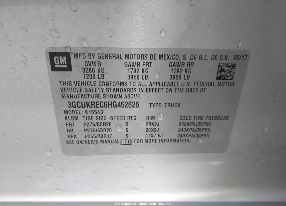2017 CHEVROLET SILVERADO 1500 VIN: 3GCUKREC6HG452626