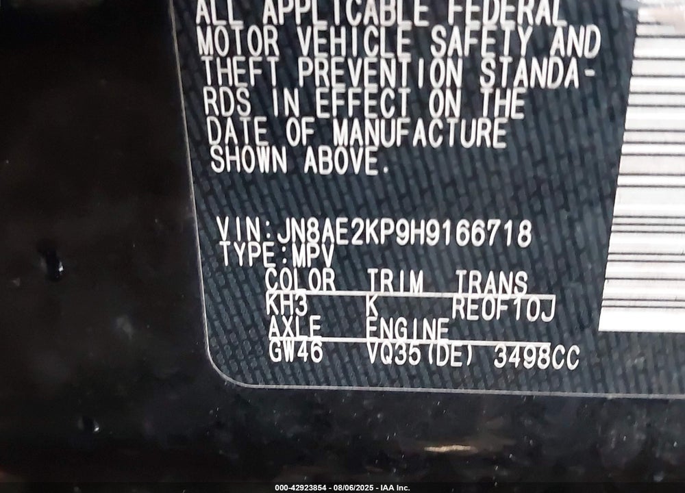 2017 NISSAN QUEST SV VIN: JN8AE2KP9H9166718