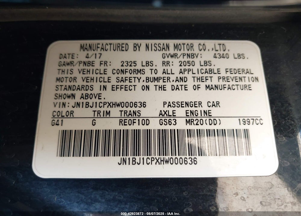 2017 NISSAN ROGUE SPORT VIN: JN1BJ1CPXHW000636