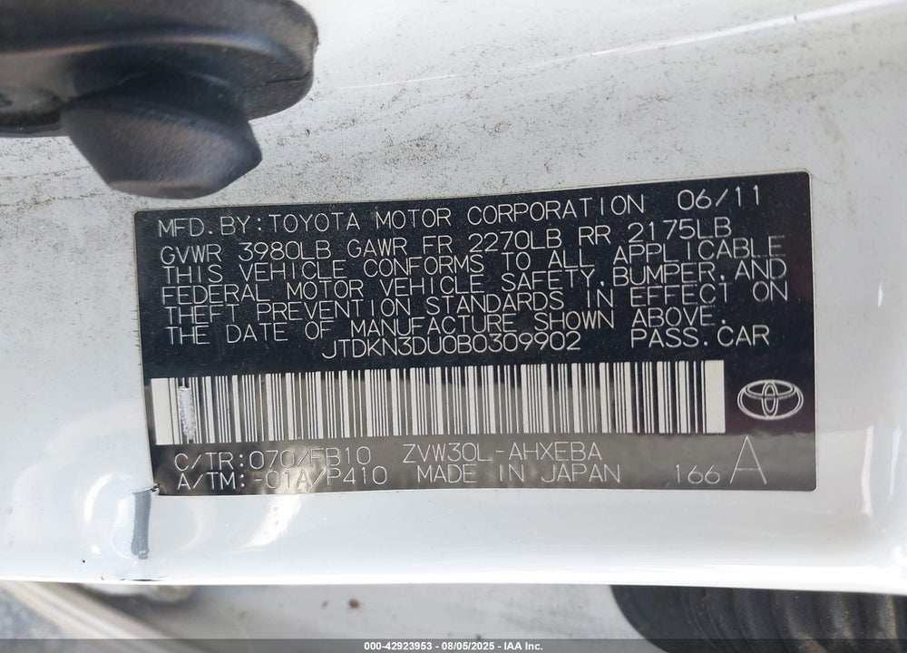 2011 TOYOTA PRIUS VIN: JTDKN3DU0B0309902