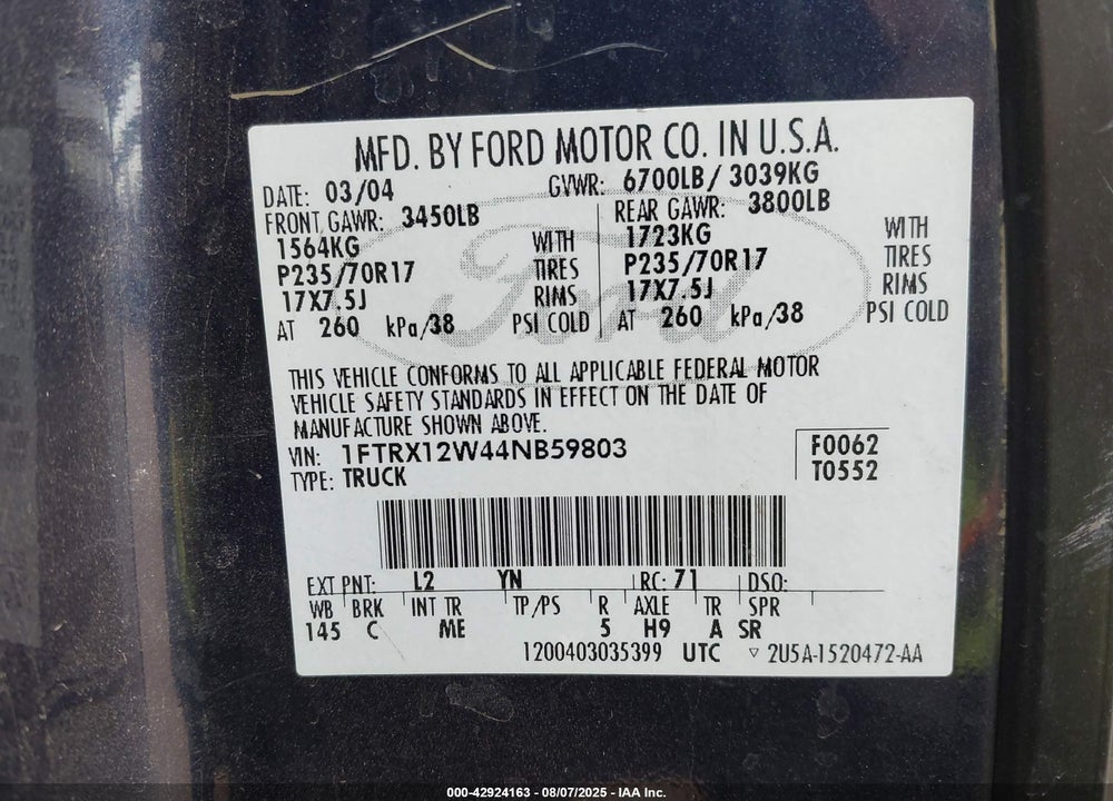 2004 FORD F-150 STX/XL/XLT VIN: 1FTRX12W44NB59803
